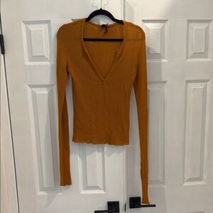 Mustard V-Neck Ribbed Women's Top